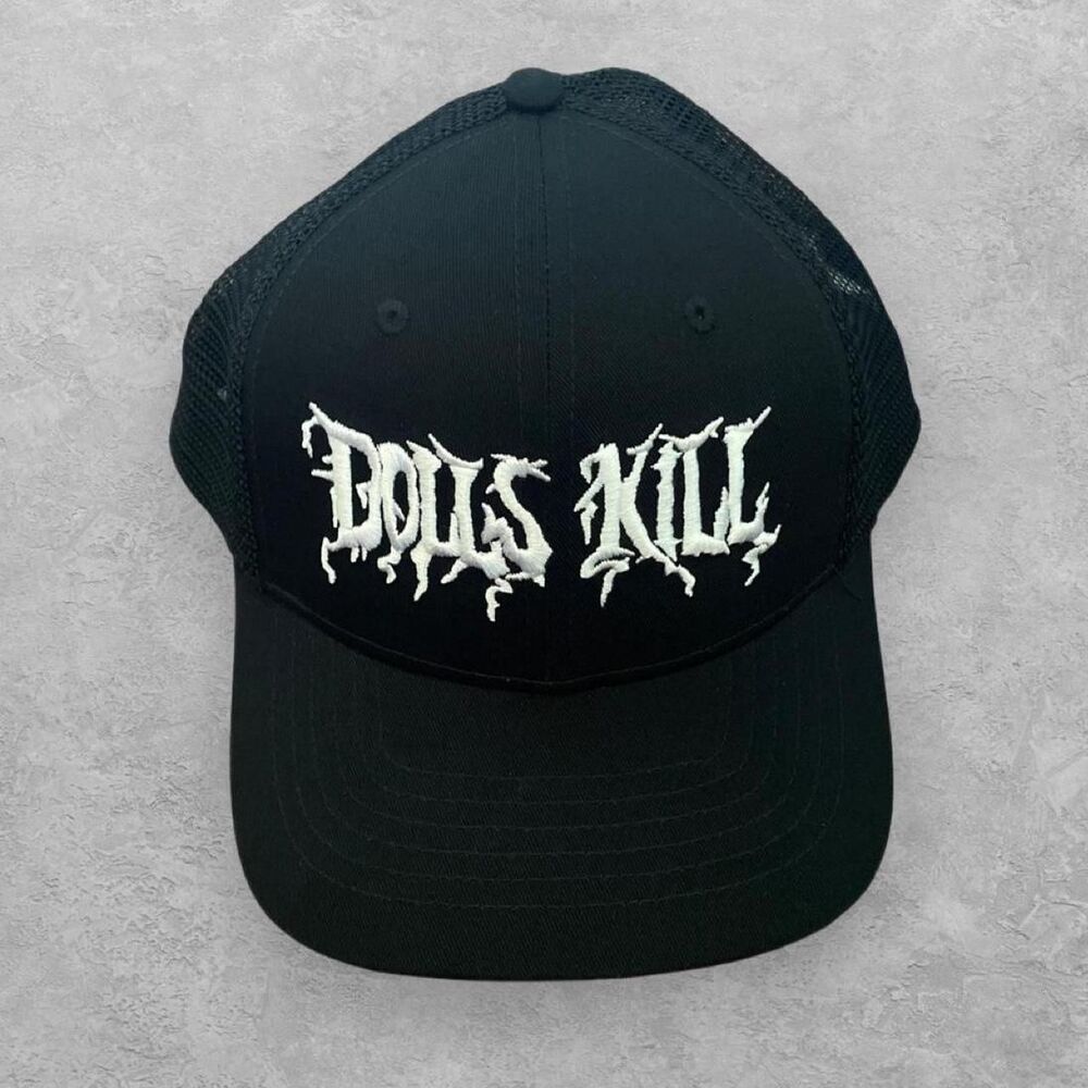 Dolls Kill Embroidered Logo Trucker Snapback Hat Cap Black
